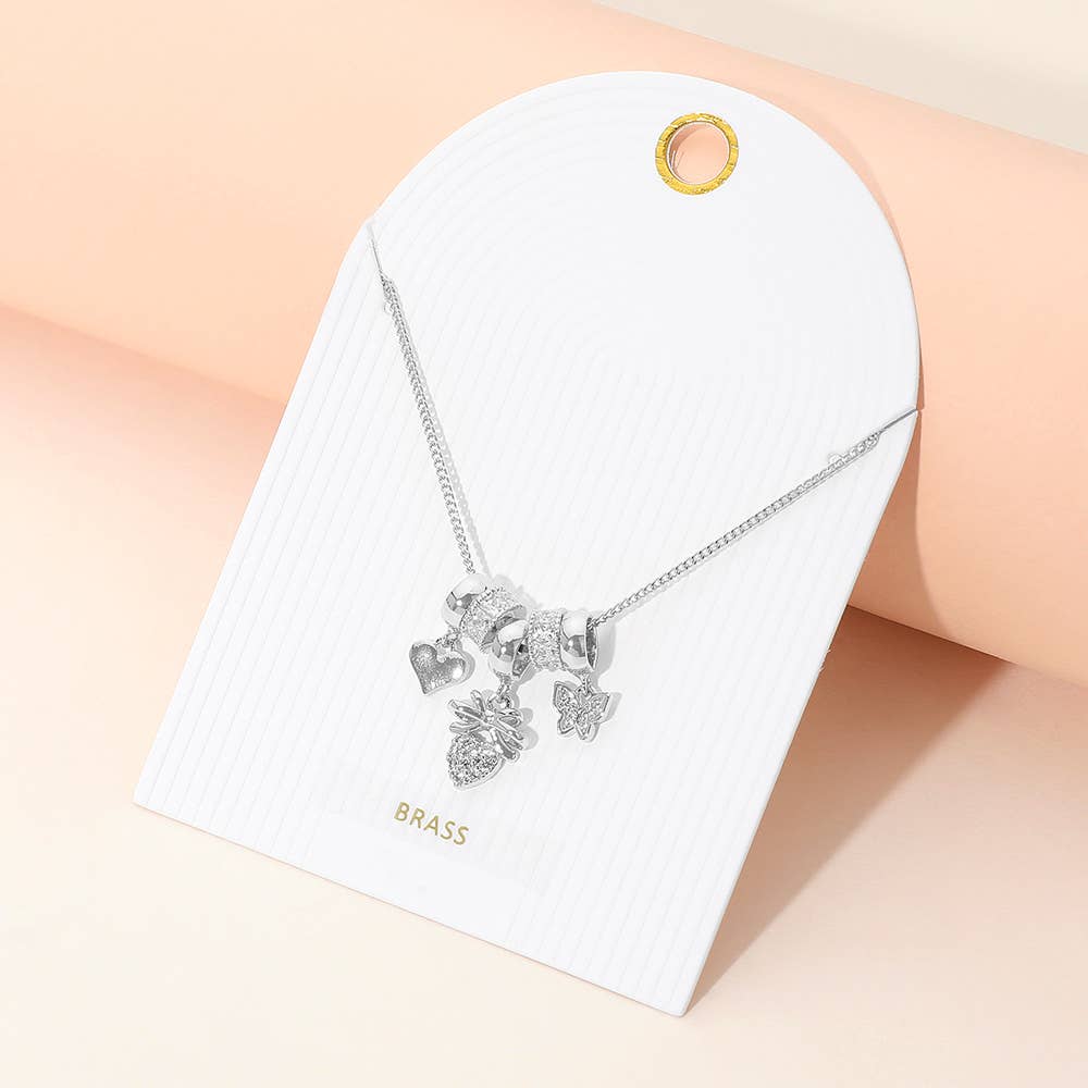 Stone Paved Heart Butterfly Bow Charm Beaded Necklace