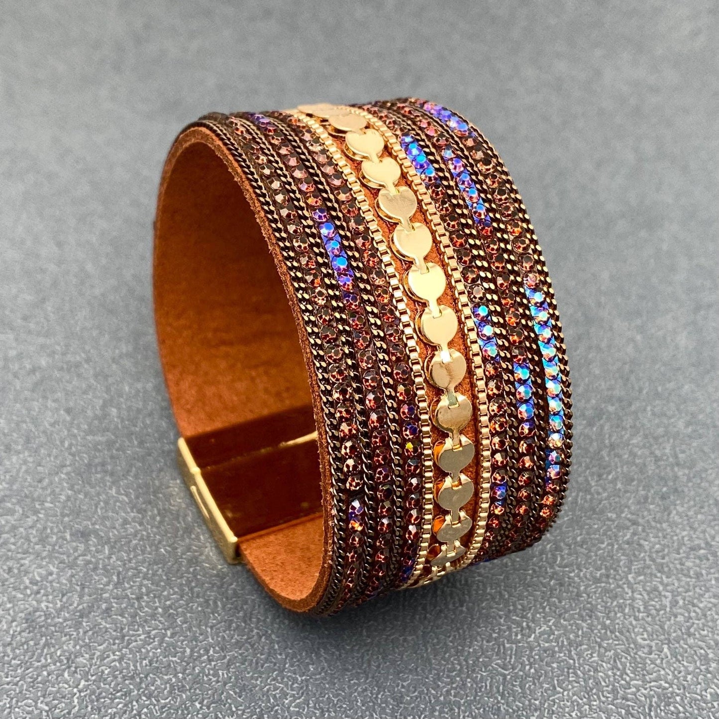 Sparkling Rhinestone Leather Magnetic Clasp Bracelet - LB