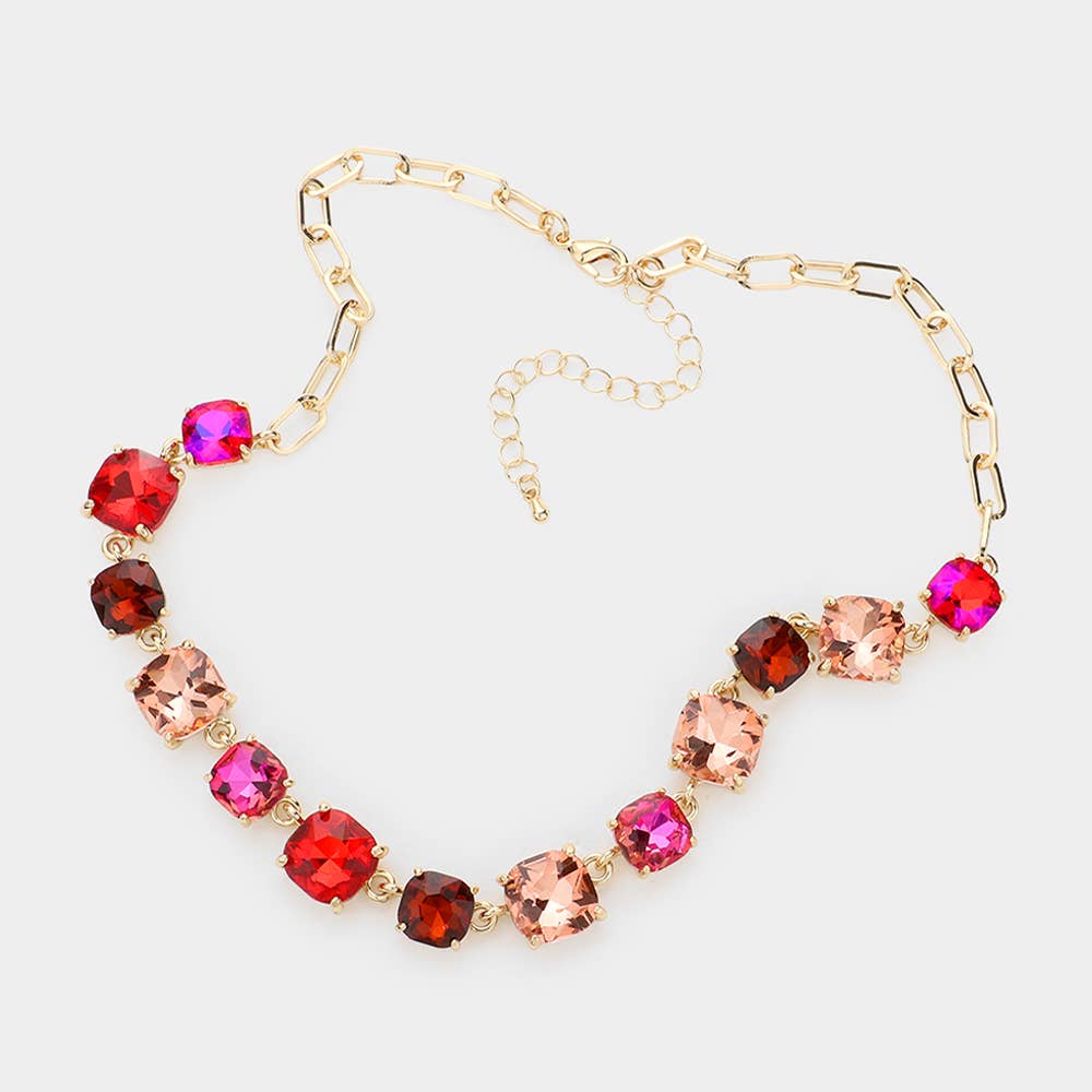 American USA Cushion Square Stone Link Evening Necklace