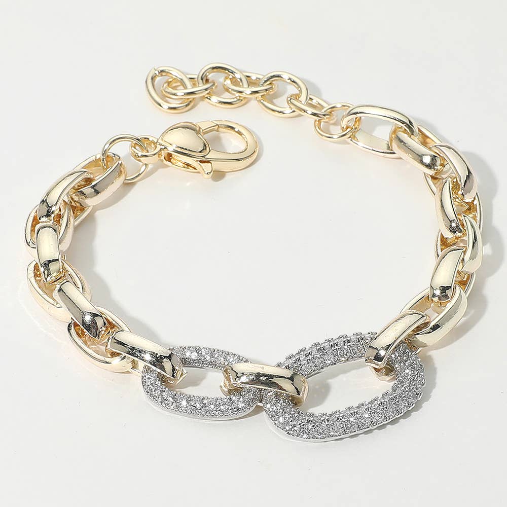 14K Gold Plated CZ Stone Paved Double Oval Link Accent Link Chain Bracelet