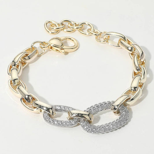 14K Gold Plated CZ Stone Paved Double Oval Link Accent Link Chain Bracelet