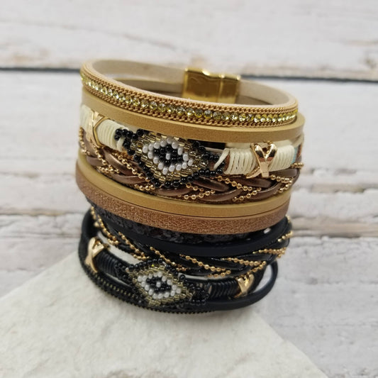 Evil Eye Boho Seed Bead Leather Bracelet