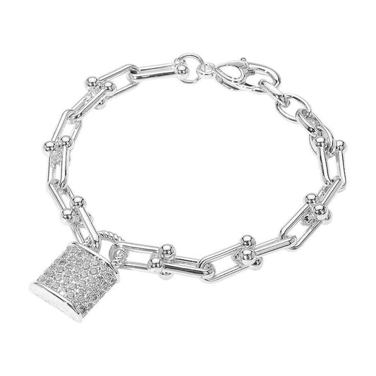14K Gold Plated CZ Stone Paved Lock Charm Industrial Chain Link Bracelet