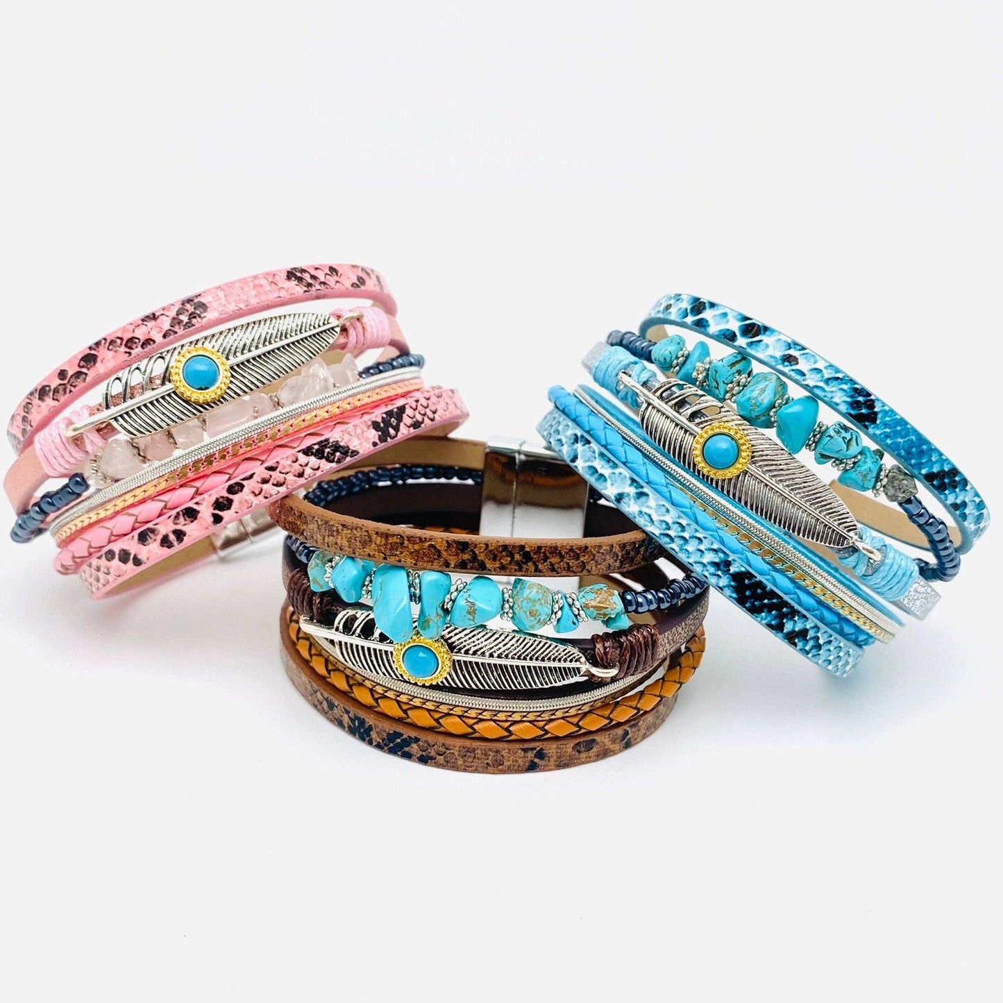 Metal Feather Charm Gravel Woven Leather Bracelet - BJ/LB