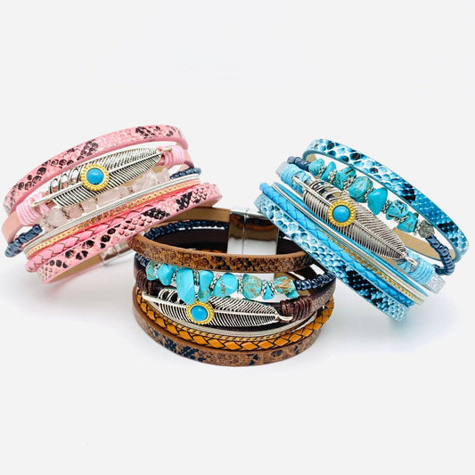 Metal Feather Charm Gravel Woven Leather Bracelet - BJ/LB