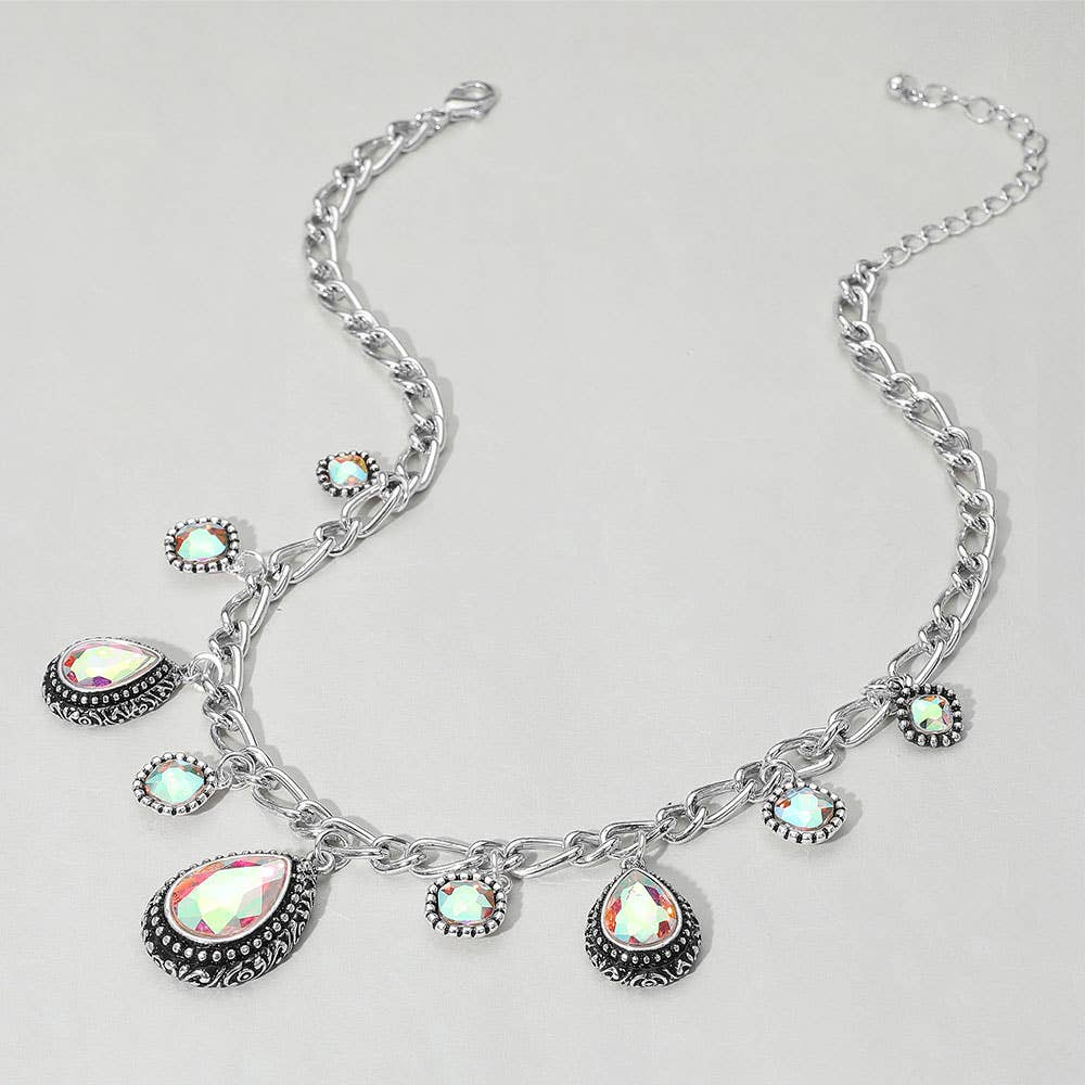 Teardrop Round Stone Cluster Pendant Station Necklace