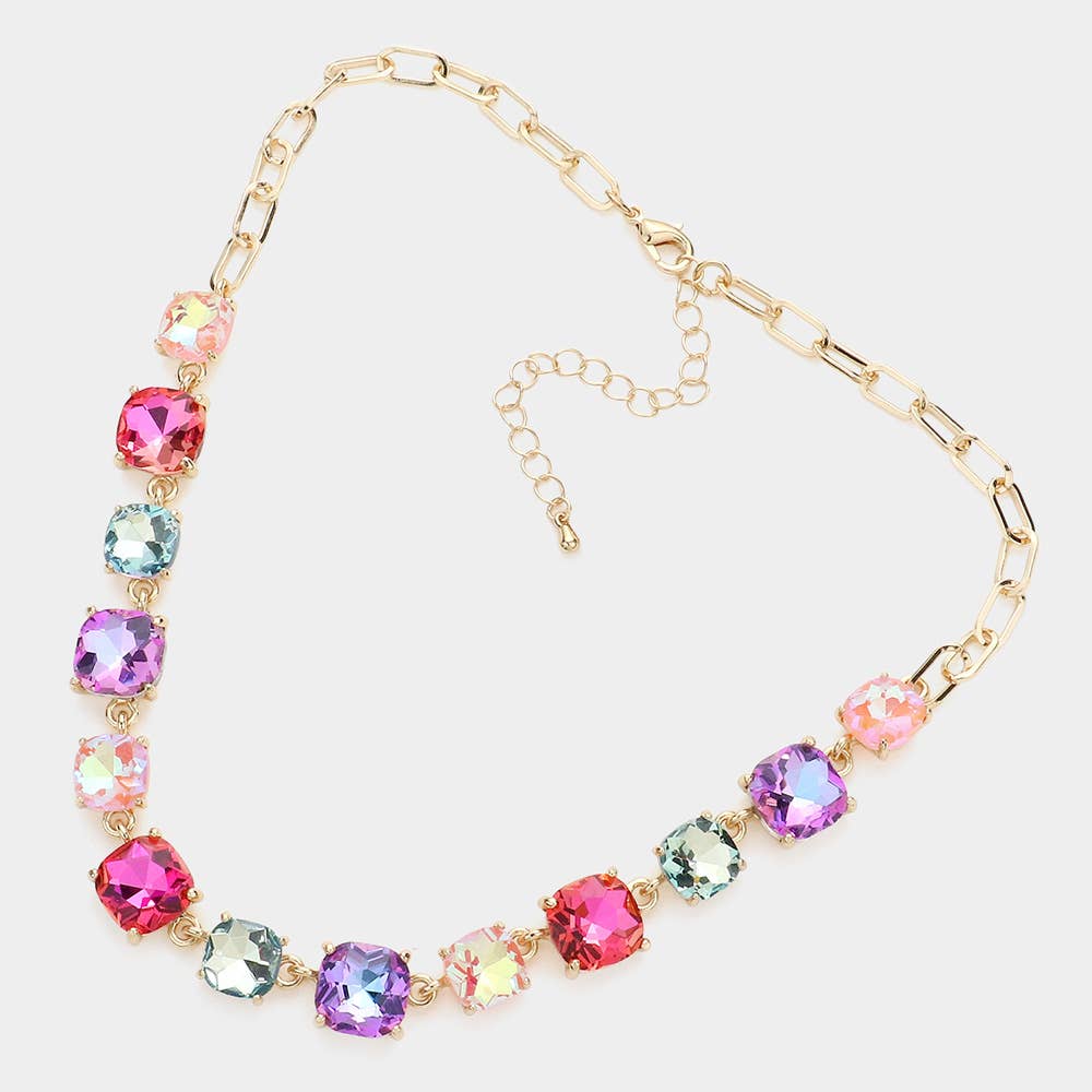 American USA Cushion Square Stone Link Evening Necklace