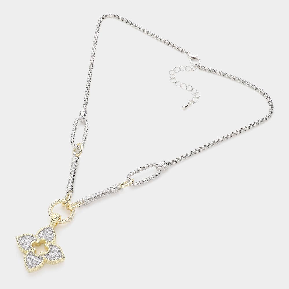 14K Gold Plated CZ Stone Paved Pendant Pointed Two Tone Necklace