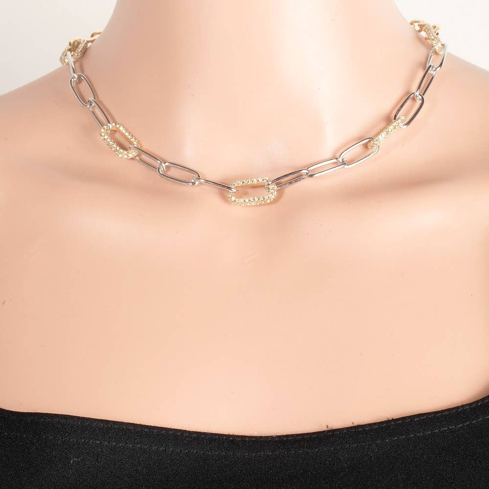 Two Tone Mixed Pave Oval Chain Link Necklace