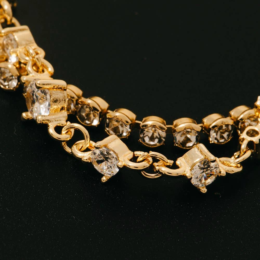 Gold Dipped Round Cz Gems And Chain Layered Necklace