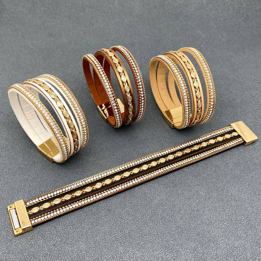 Sparkling Rhinestone & Leather Triple-Layer Boho Bracelet