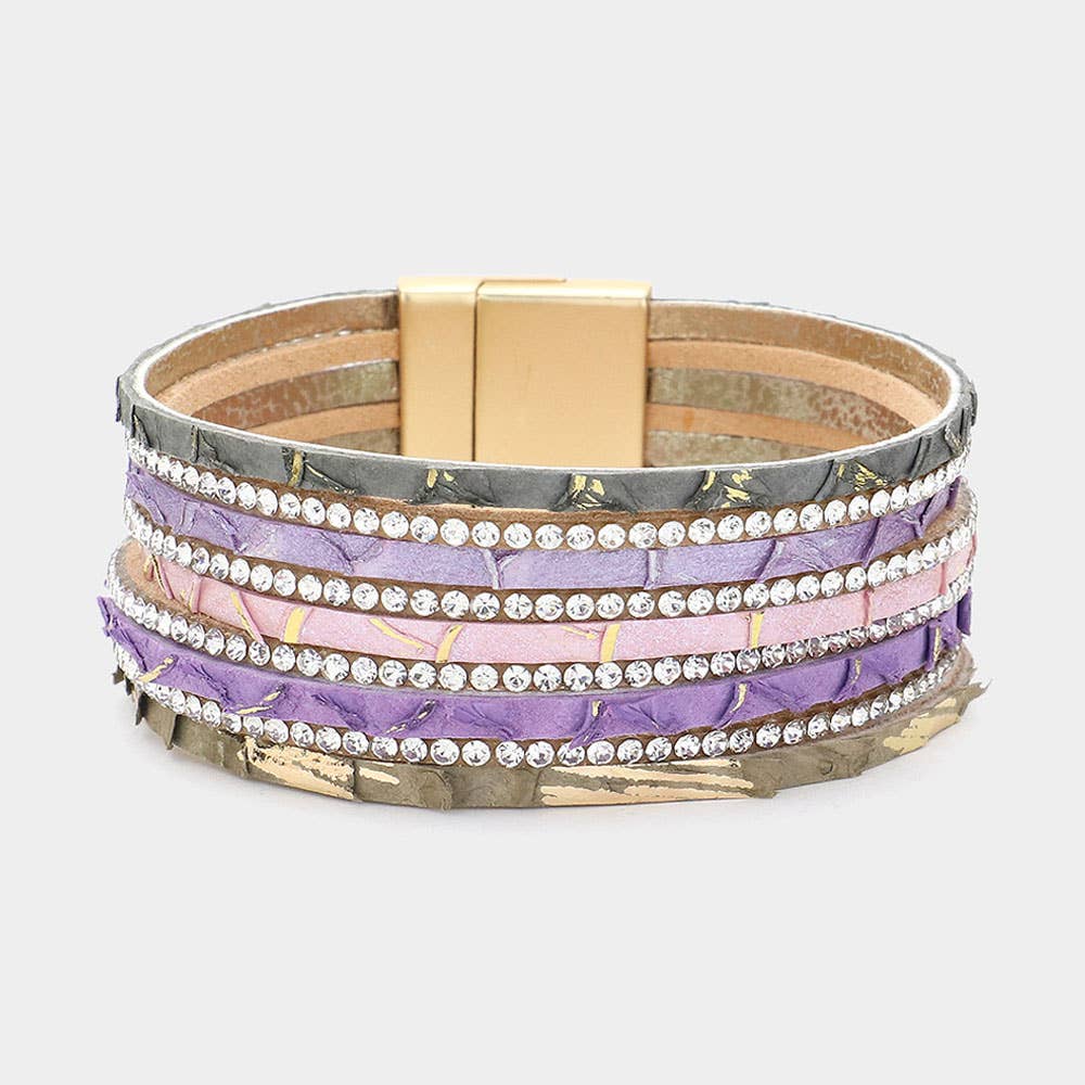 Rhinestone Paved Chain Faux Leather Magnetic Bracelet