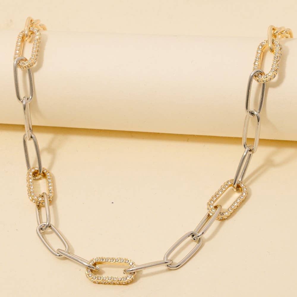 Two Tone Mixed Pave Oval Chain Link Necklace
