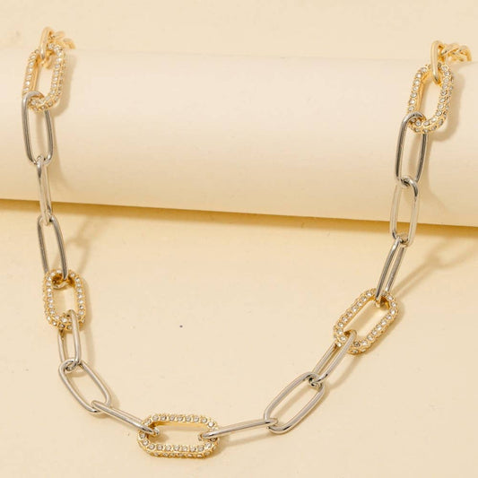 Two Tone Mixed Pave Oval Chain Link Necklace