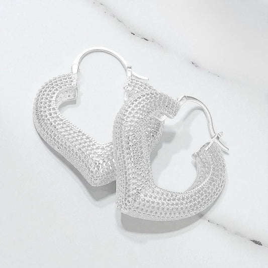 Textured Metal Heart Hoop Pin Catch Earrings