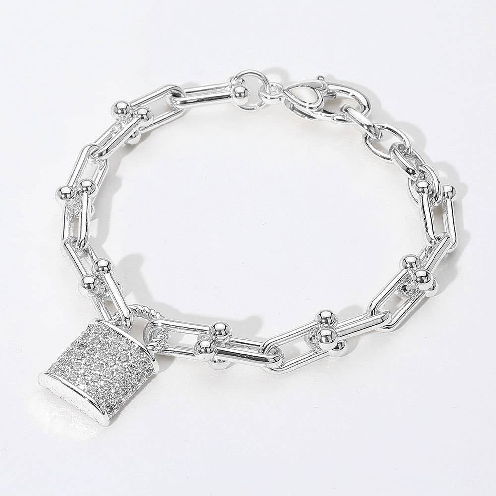 14K Gold Plated CZ Stone Paved Lock Charm Industrial Chain Link Bracelet