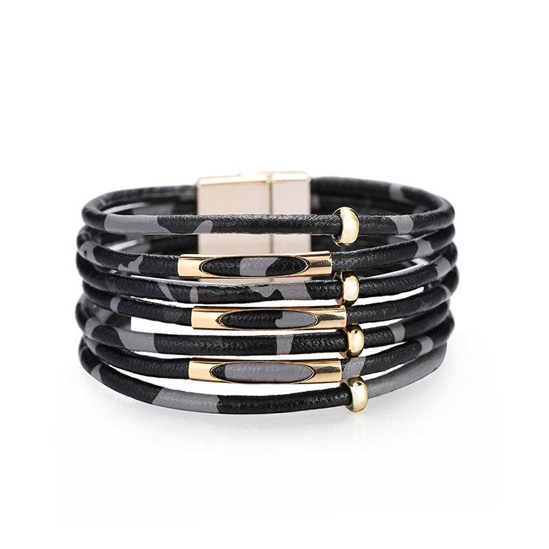 Magnetic Buckle Leopard-Print Multilayer Beaded Bangle