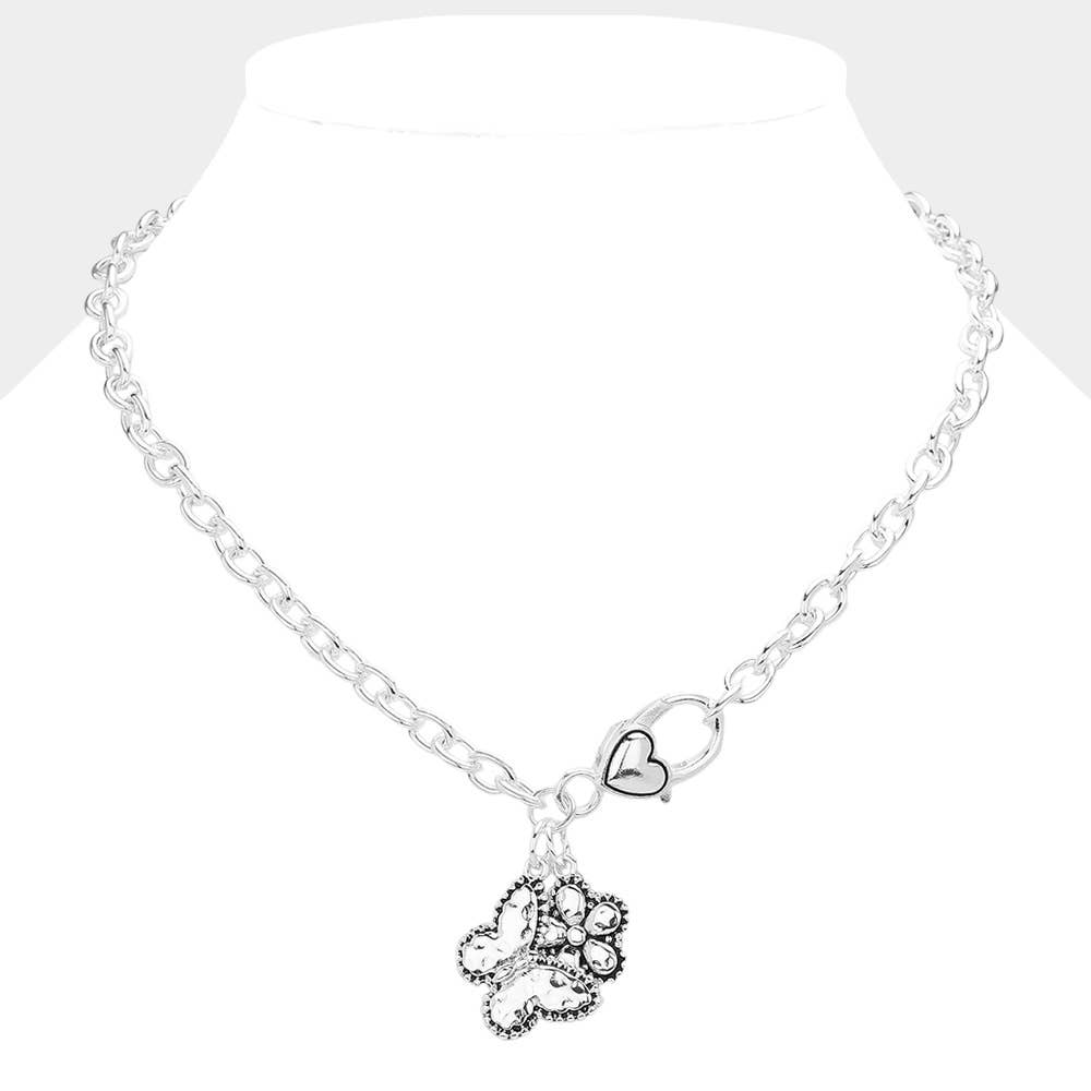 Antique Metal Butterfly Flower Pendant Necklace