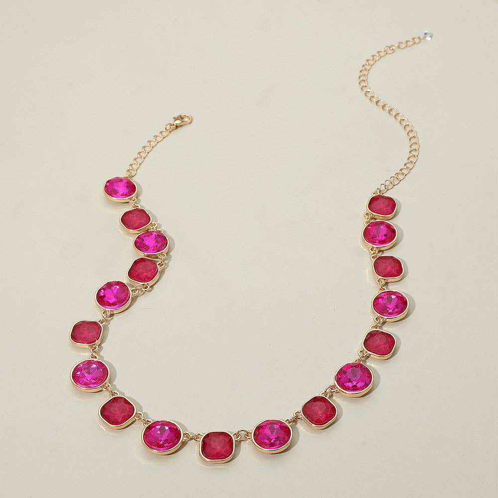 Round Square Stone Bezel Cluster Link Necklace
