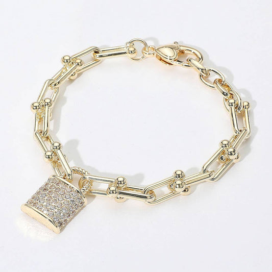 14K Gold Plated CZ Stone Paved Lock Charm Industrial Chain Link Bracelet
