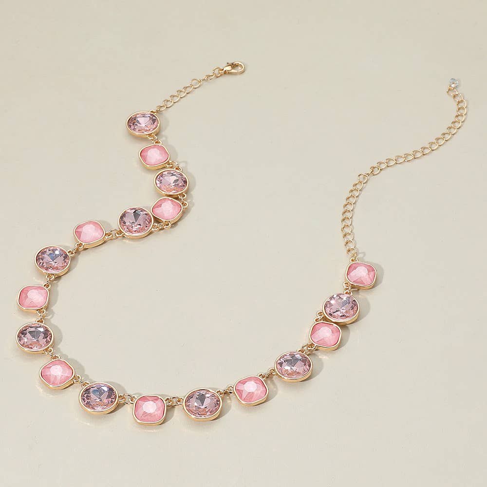 Round Square Stone Bezel Cluster Link Necklace