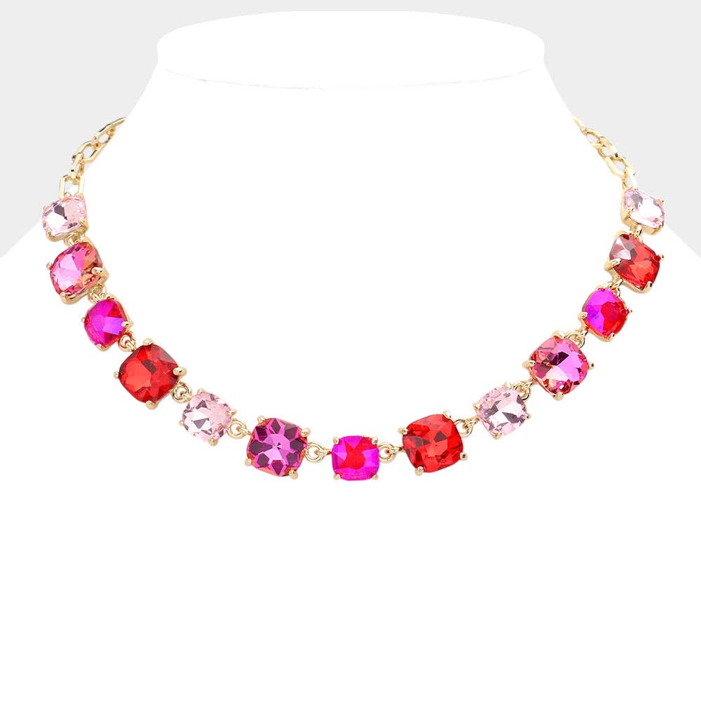 American USA Cushion Square Stone Link Evening Necklace