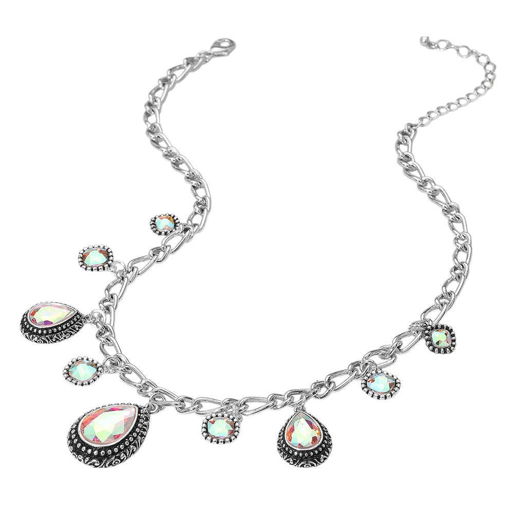 Teardrop Round Stone Cluster Pendant Station Necklace