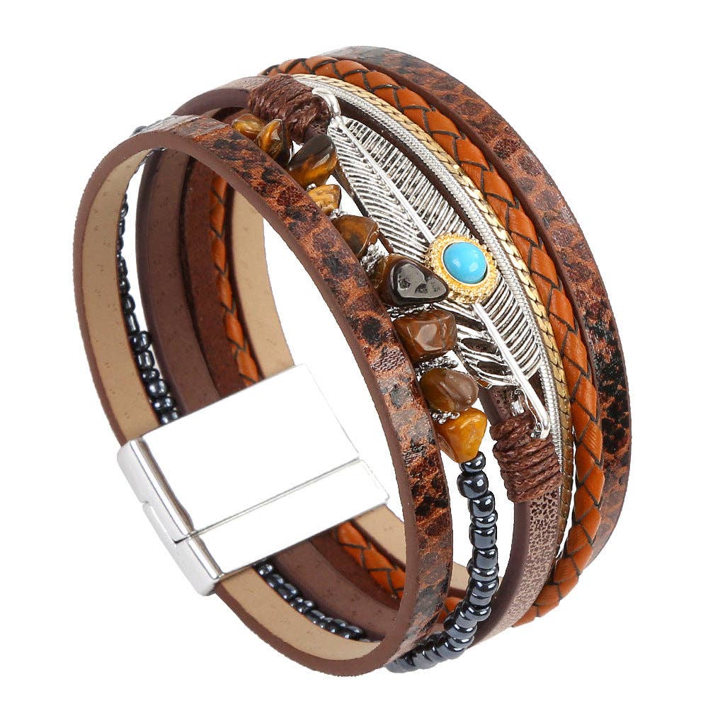 Metal Feather Charm Gravel Woven Leather Bracelet - BJ/LB