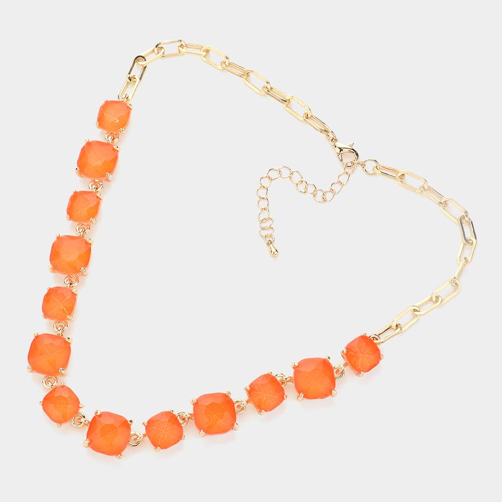 American USA Cushion Square Stone Link Evening Necklace