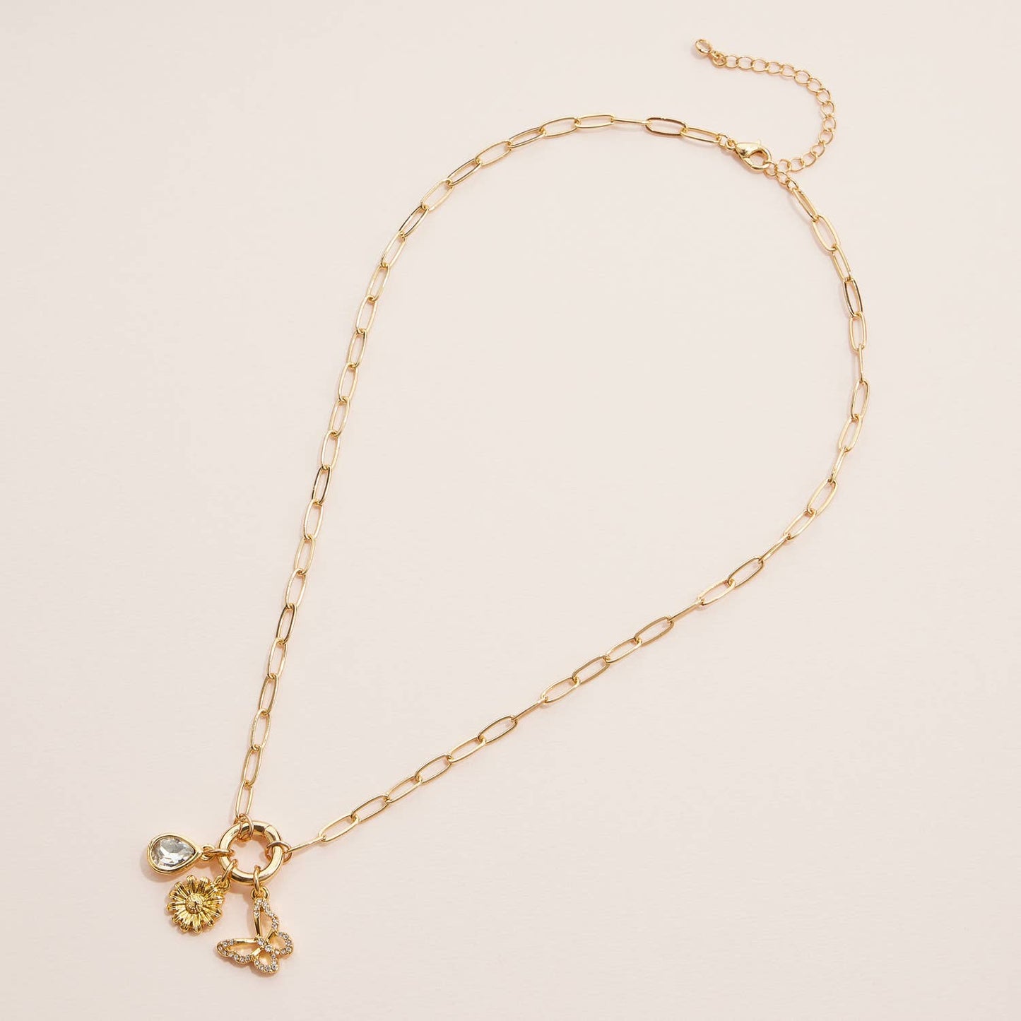 Gold Dipped Butterfly Flower Charm Necklace with Gemstone