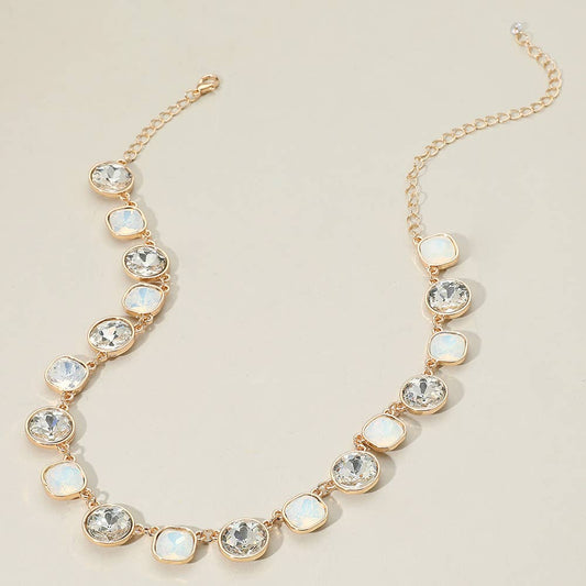 Round Square Stone Bezel Cluster Link Necklace