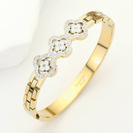 Stainless Steel Stone Paved Triple Quatrefoil Bracelet