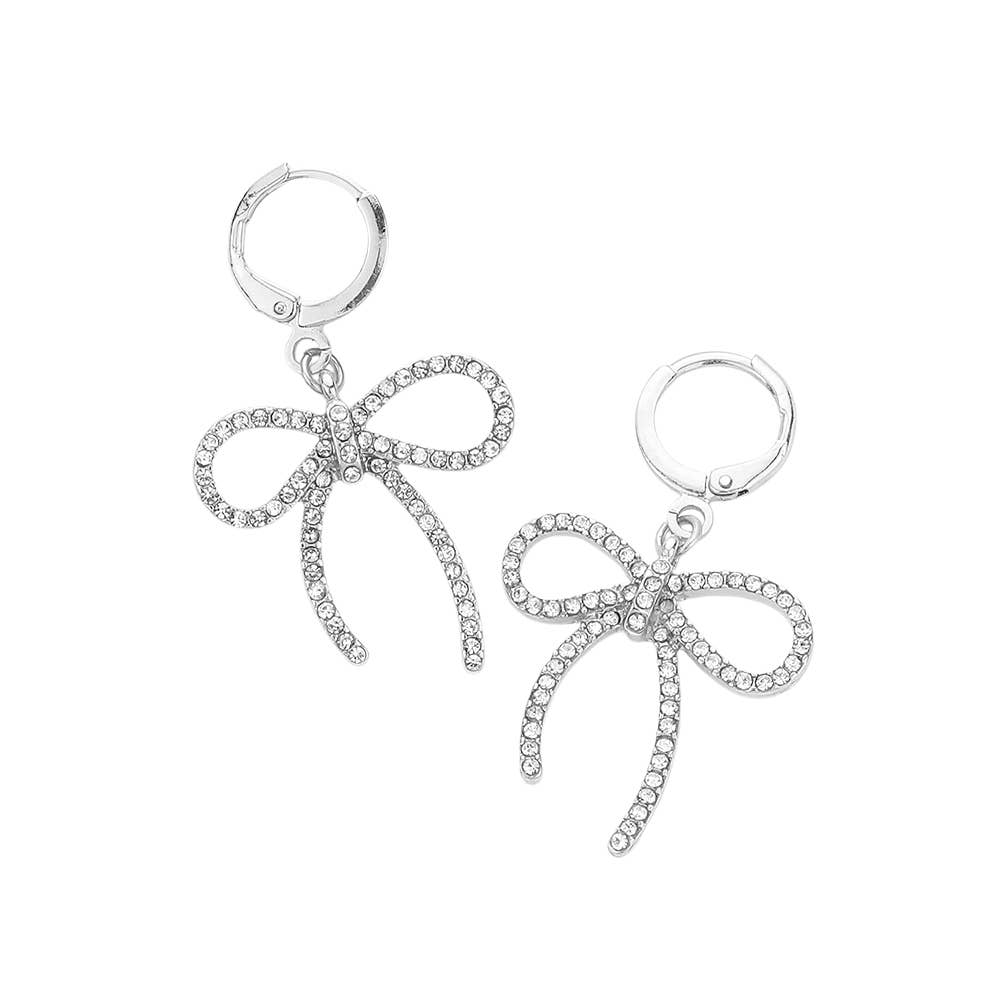 Stone Paved Bow Dangle Huggie Earrings