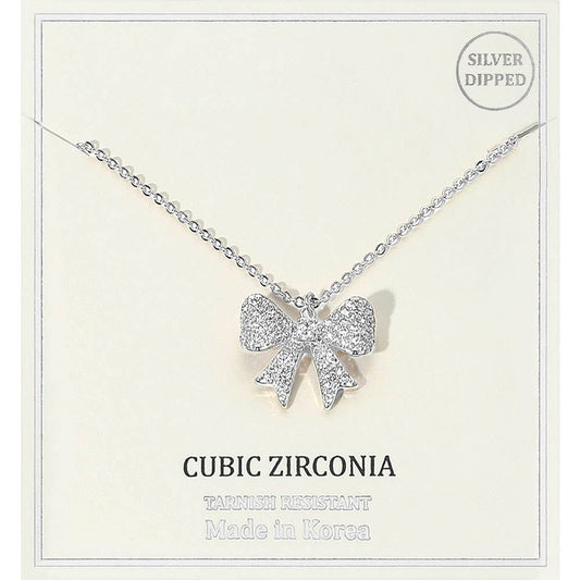 18K Gold Dipped CZ Stone Paved Bow Pendant Necklace