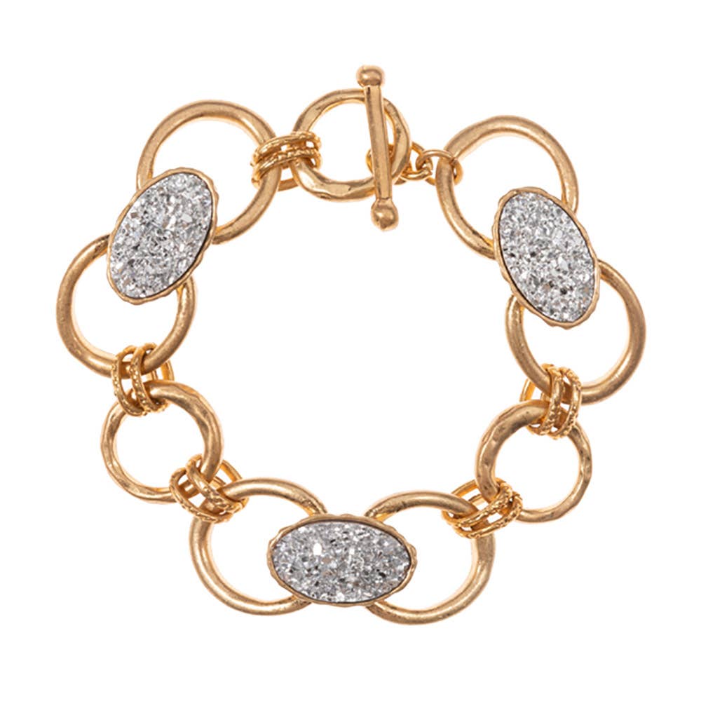 Oval Druzy Pointed Metal Oval Chain Link Toggle Bracelet