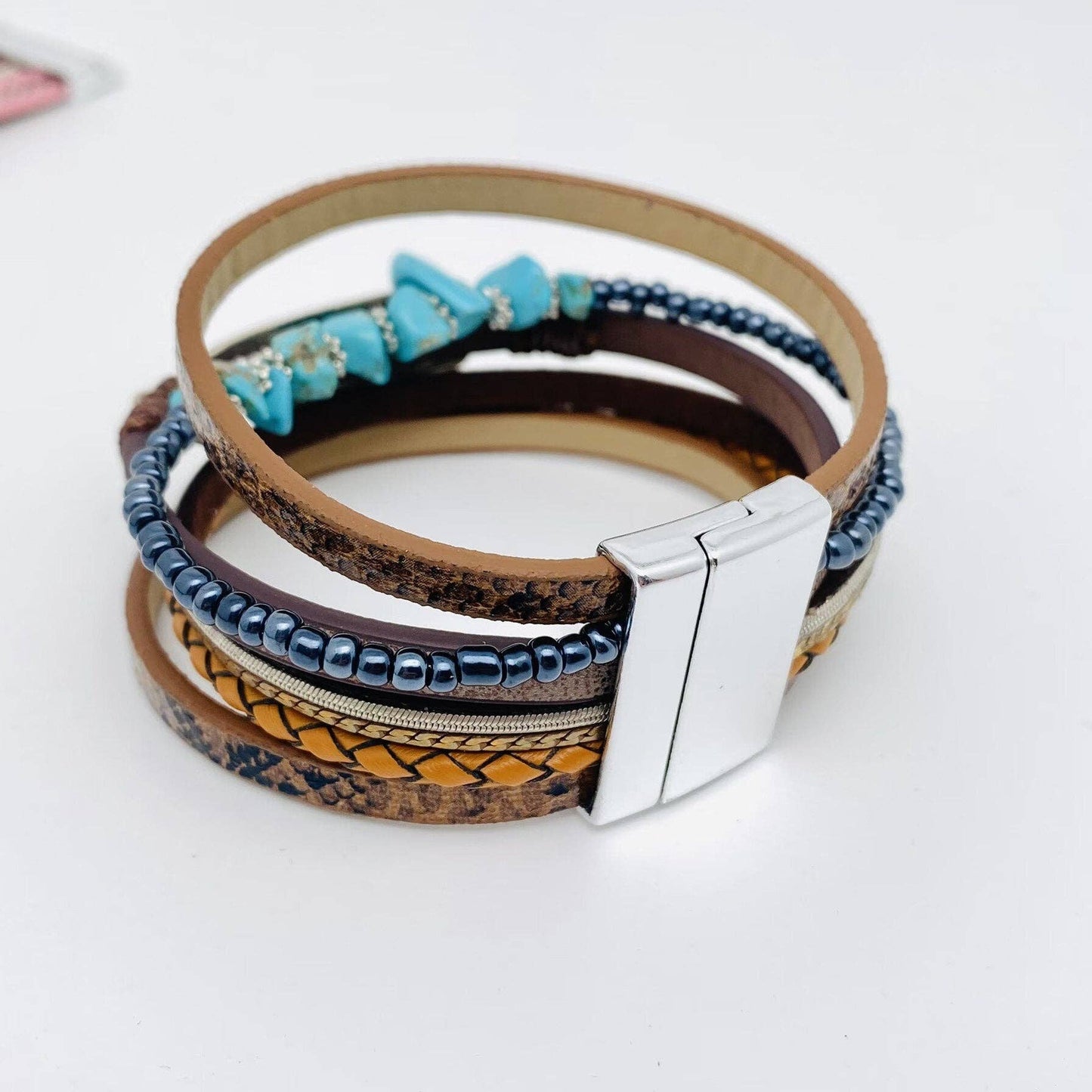 Metal Feather Charm Gravel Woven Leather Bracelet - BJ/LB