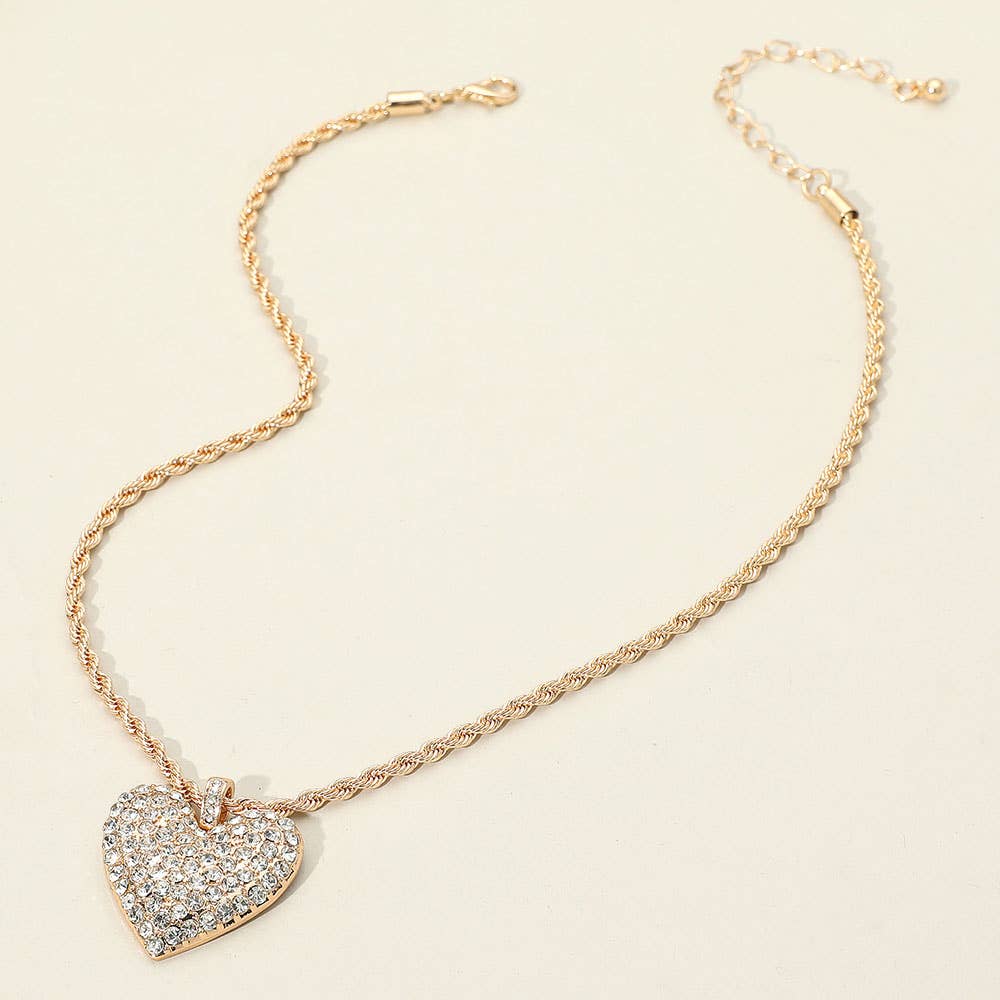 Stone Paved Heart Pendant Twisted Rope Chain Necklace