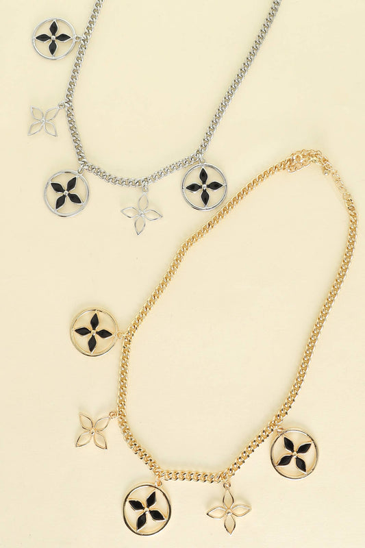 4-Petal Pointed Floral Multi Charm Chain Necklace