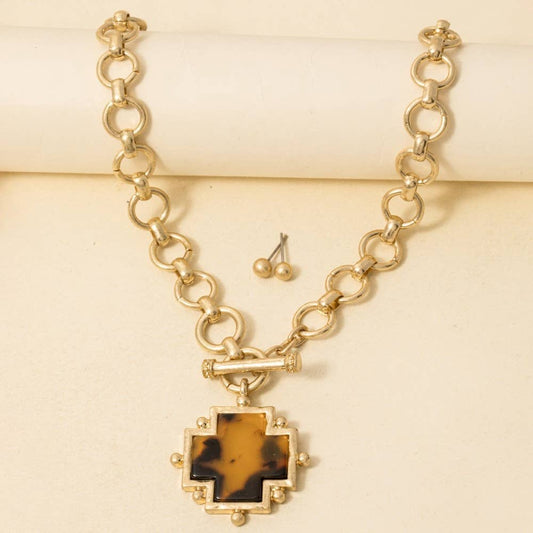 Acetate Square Cross Toggle Chain Necklace