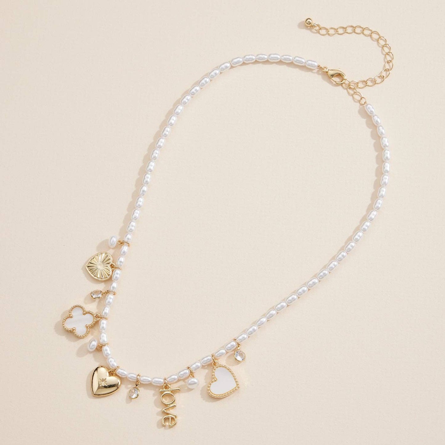 Pearl Charm Necklace with Gold & Silver Heart Pendant