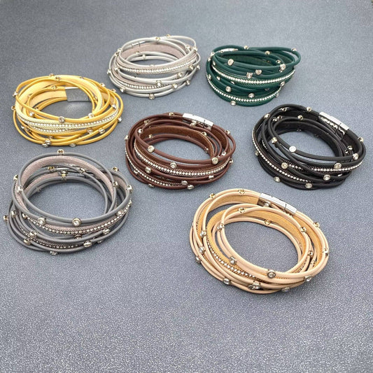 CZ Multi-layer Leather Magnetic Buckle Bracelet - BJ/LB