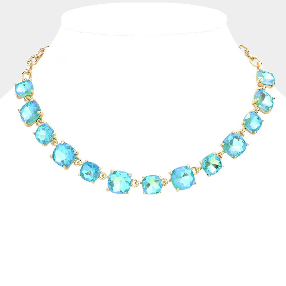 American USA Cushion Square Stone Link Evening Necklace