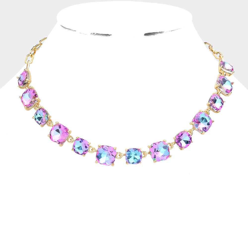 American USA Cushion Square Stone Link Evening Necklace