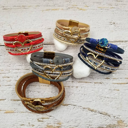 Valentine Heart Stacked Leather Magnetic Bracelet | 5 Color