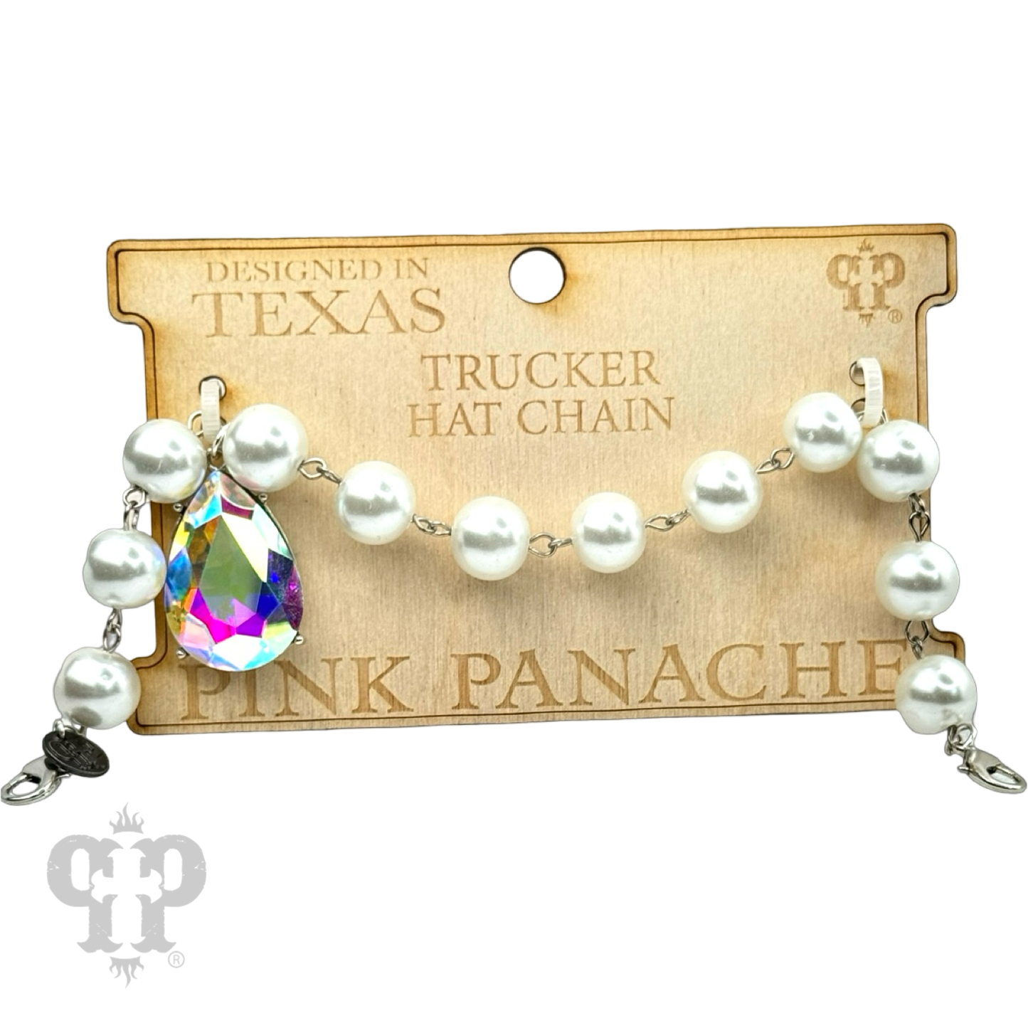 Trucker hat bead chain with large rhinestone teardrop