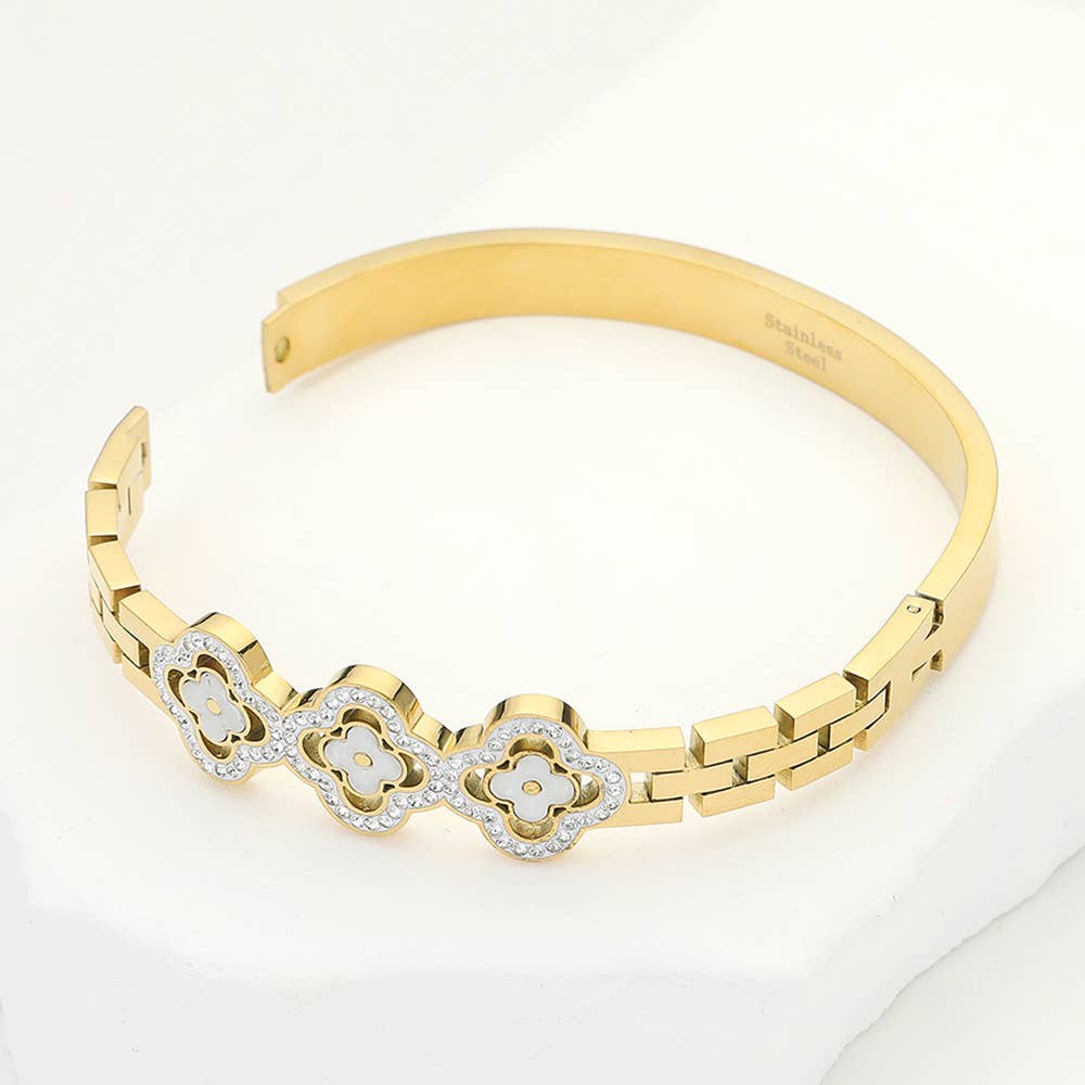 Stainless Steel Stone Paved Triple Quatrefoil Bracelet