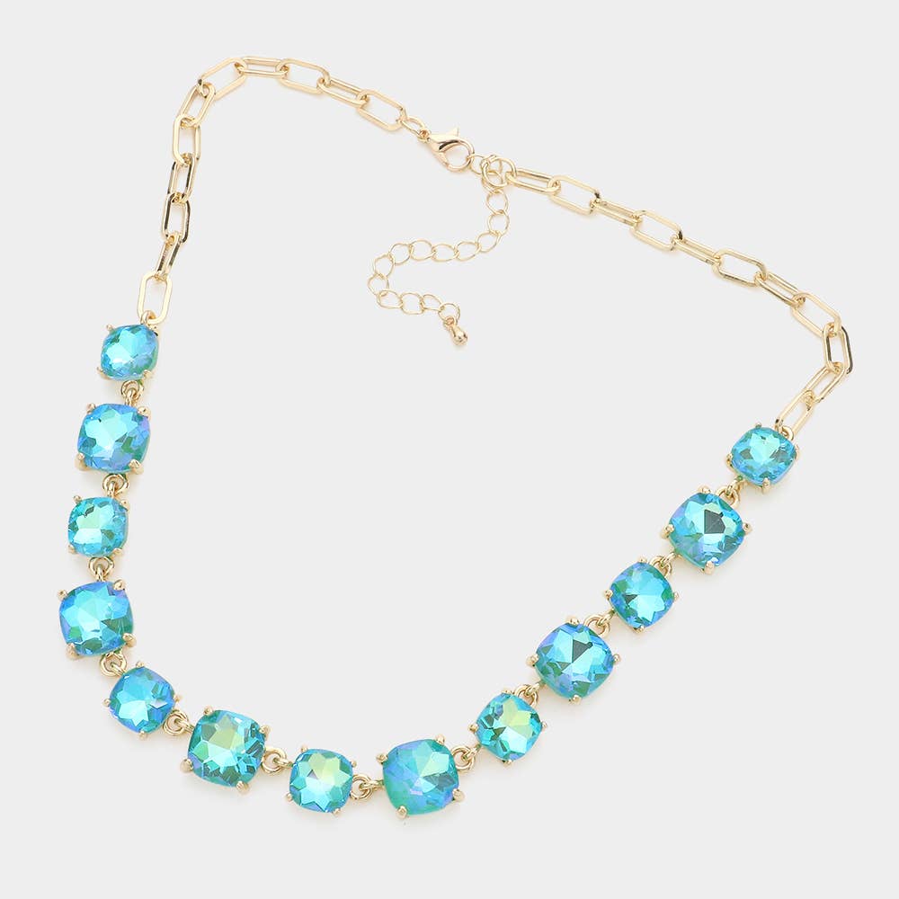 American USA Cushion Square Stone Link Evening Necklace