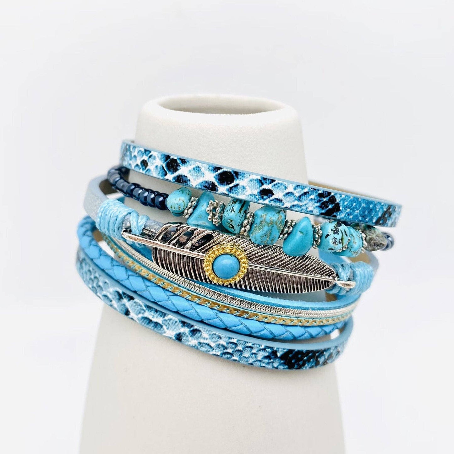 Metal Feather Charm Gravel Woven Leather Bracelet - BJ/LB