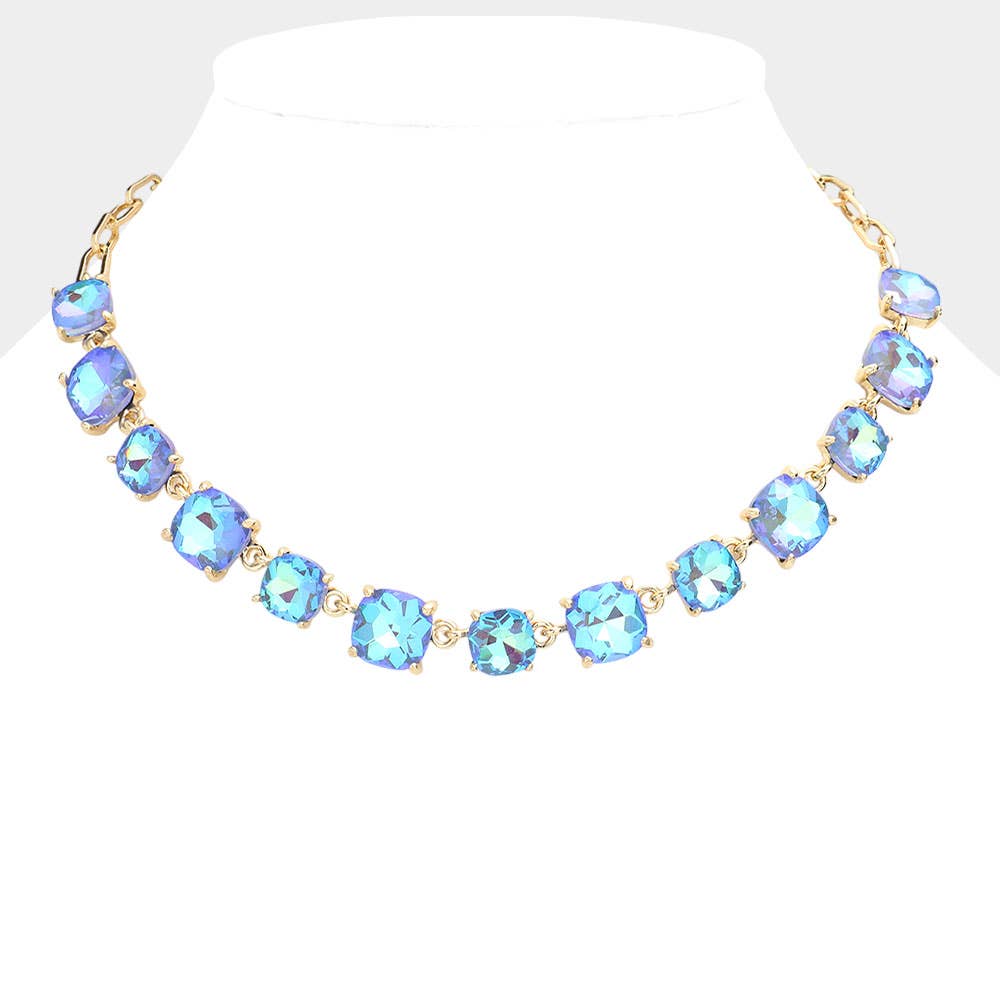American USA Cushion Square Stone Link Evening Necklace