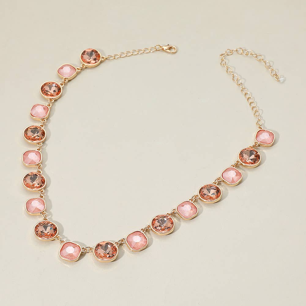 Round Square Stone Bezel Cluster Link Necklace